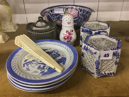 Set of B&W Oriental plates, 2 pots, bowl a/f, tobacco jar, fan etc